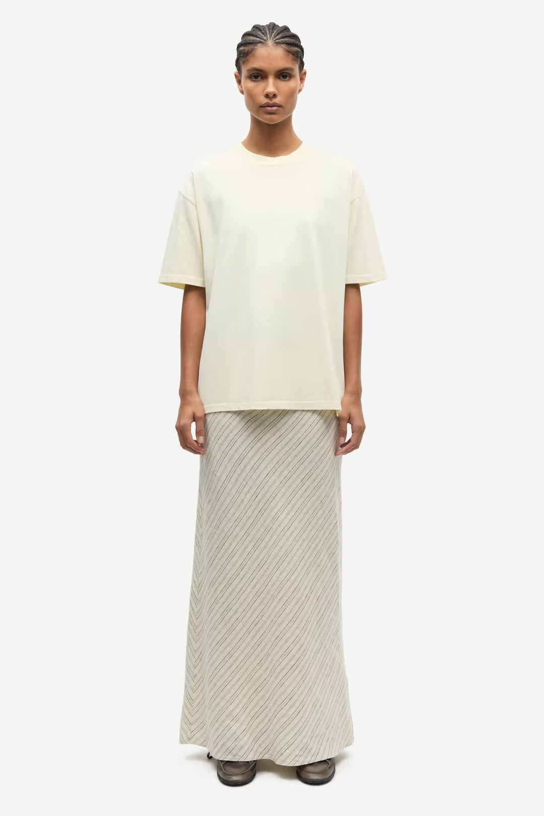 Saagneta Long Linen Skirt in Bone Stripe