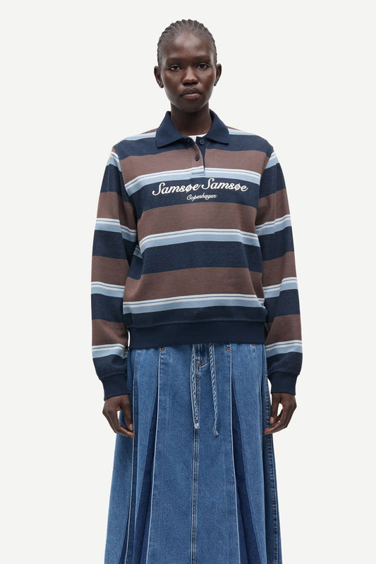 Sadory LS Polo in Brown/Blue Stripe