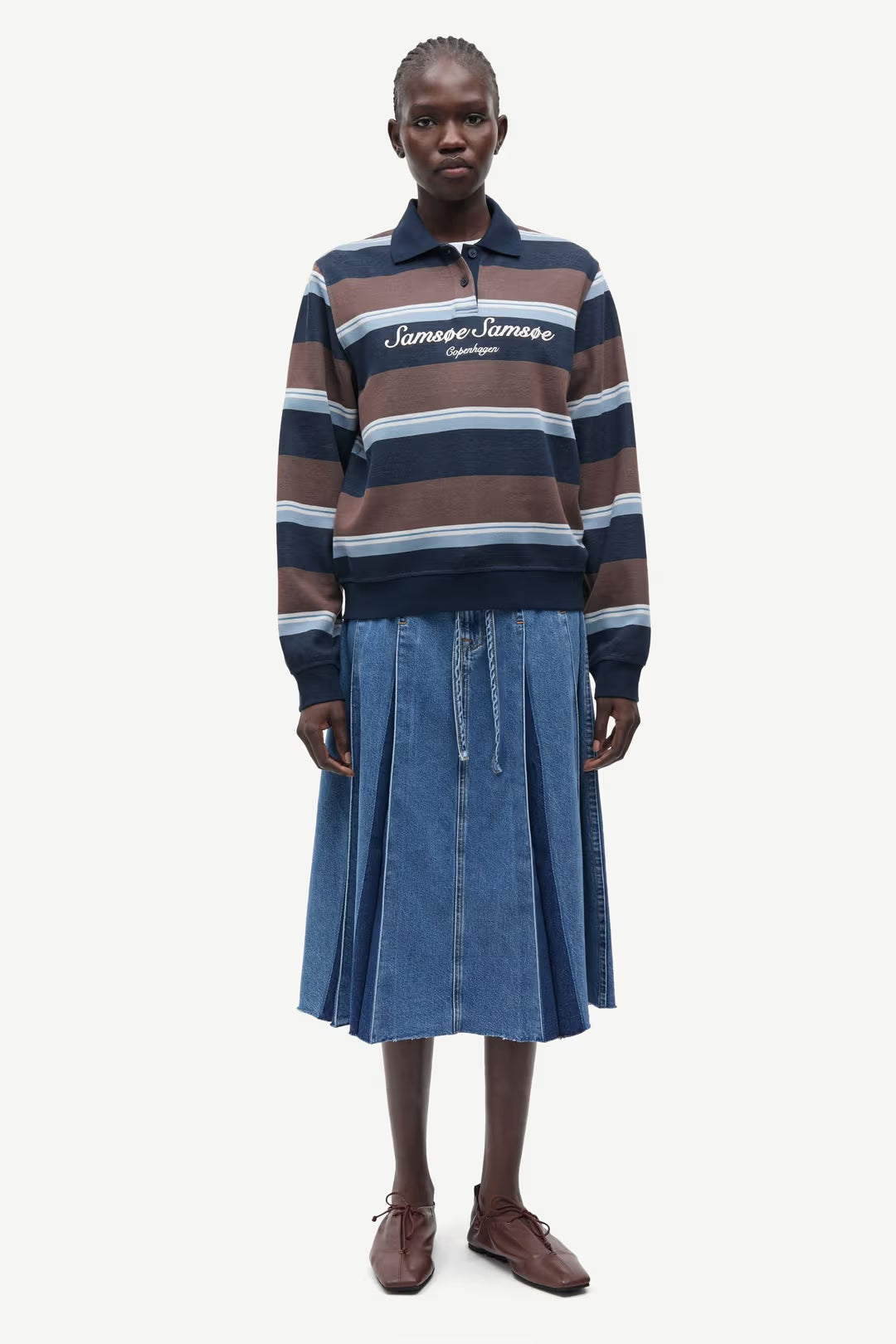 Sadory LS Polo in Brown/Blue Stripe
