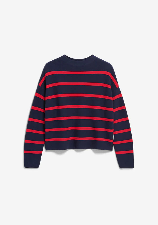 Merinaa Striped Organic Cotton Knit in Tinted Navy/Candy Apple