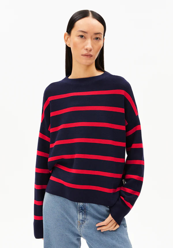 Merinaa Striped Organic Cotton Knit in Tinted Navy/Candy Apple