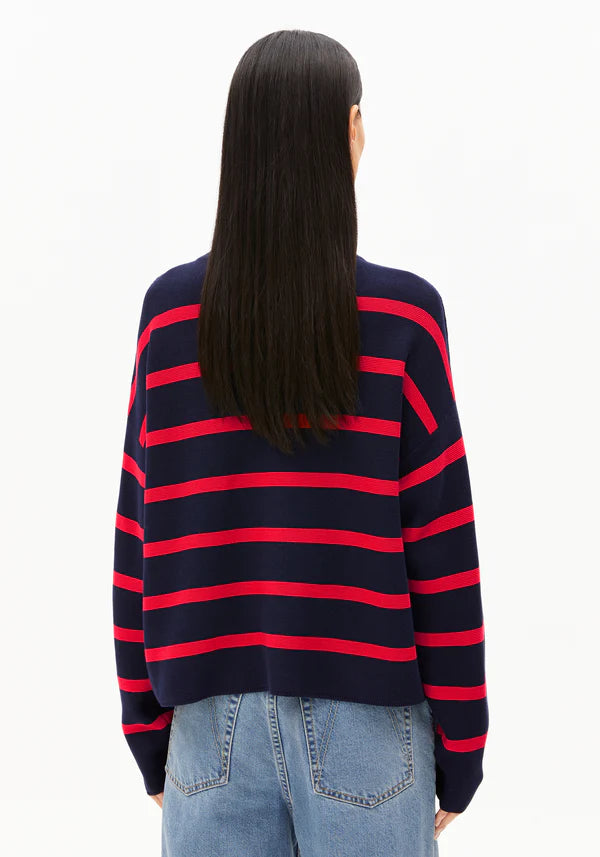 Merinaa Striped Organic Cotton Knit in Tinted Navy/Candy Apple