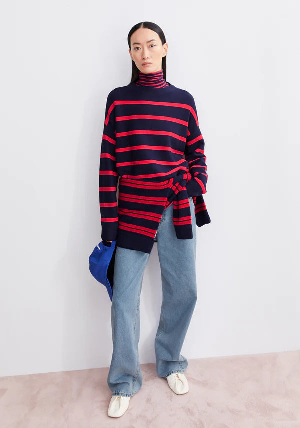 Merinaa Striped Organic Cotton Knit in Tinted Navy/Candy Apple