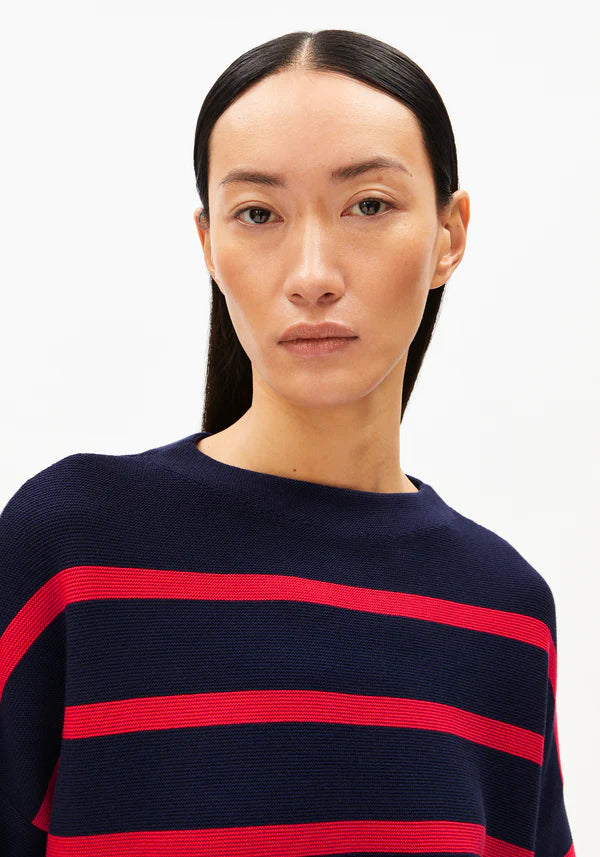 Merinaa Striped Organic Cotton Knit in Tinted Navy/Candy Apple