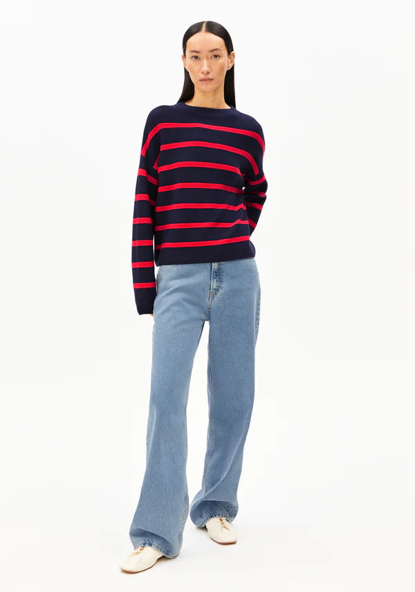 Merinaa Striped Organic Cotton Knit in Tinted Navy/Candy Apple