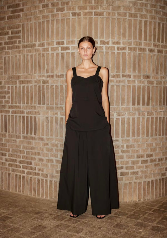Noelle Wide Leg Cotton Trousers in Black