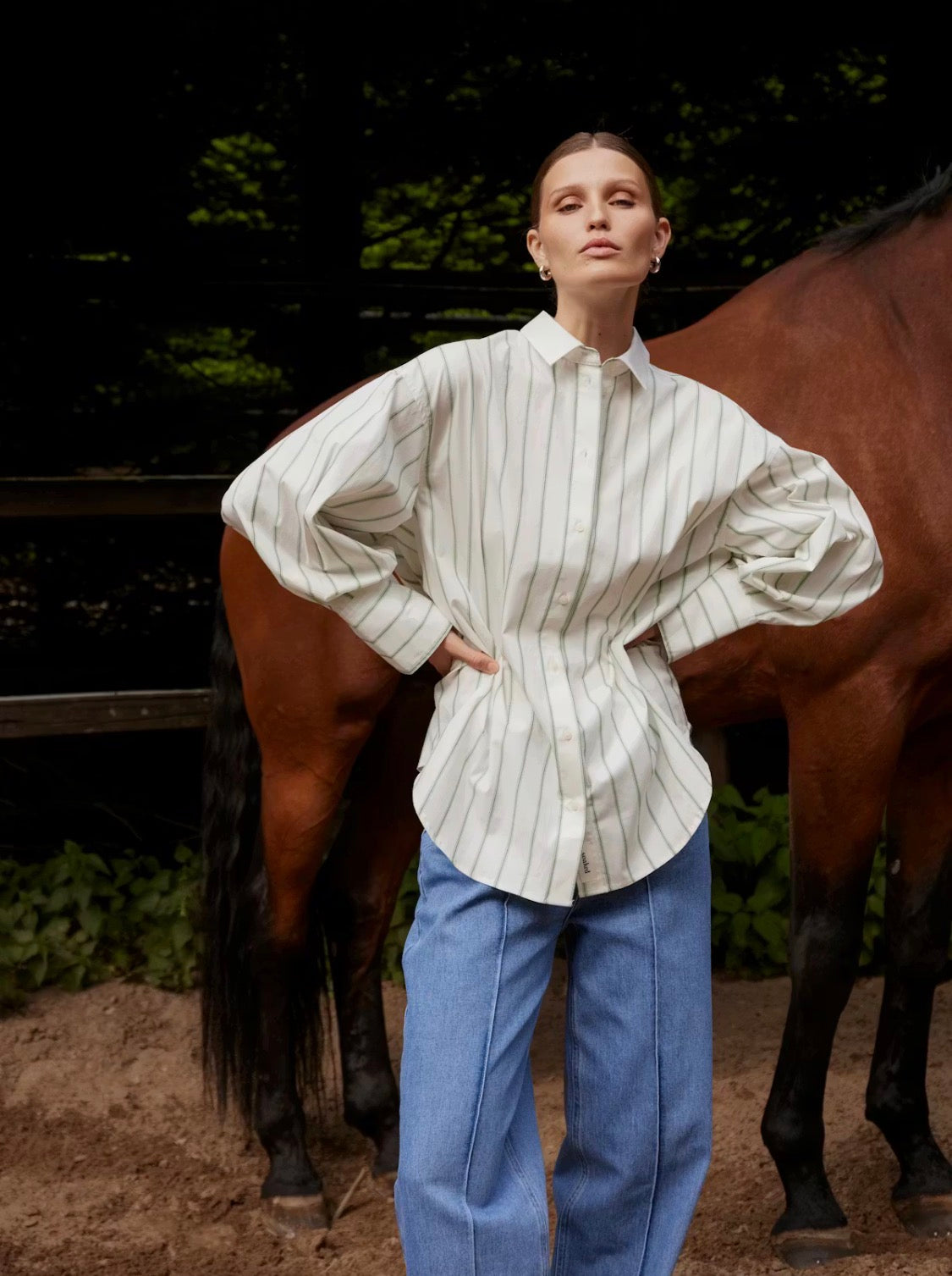 Noelle Striped Buttondown in Vibrant Green + White Stripes