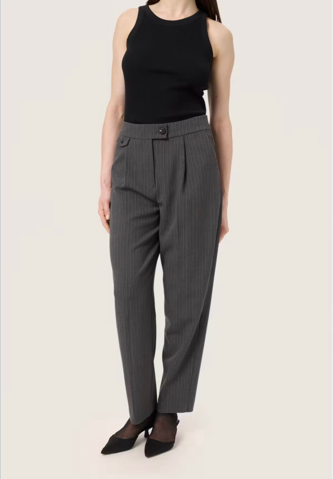 SOAKED IN LUXURY Birka Trousers in Black/Grey Stripe