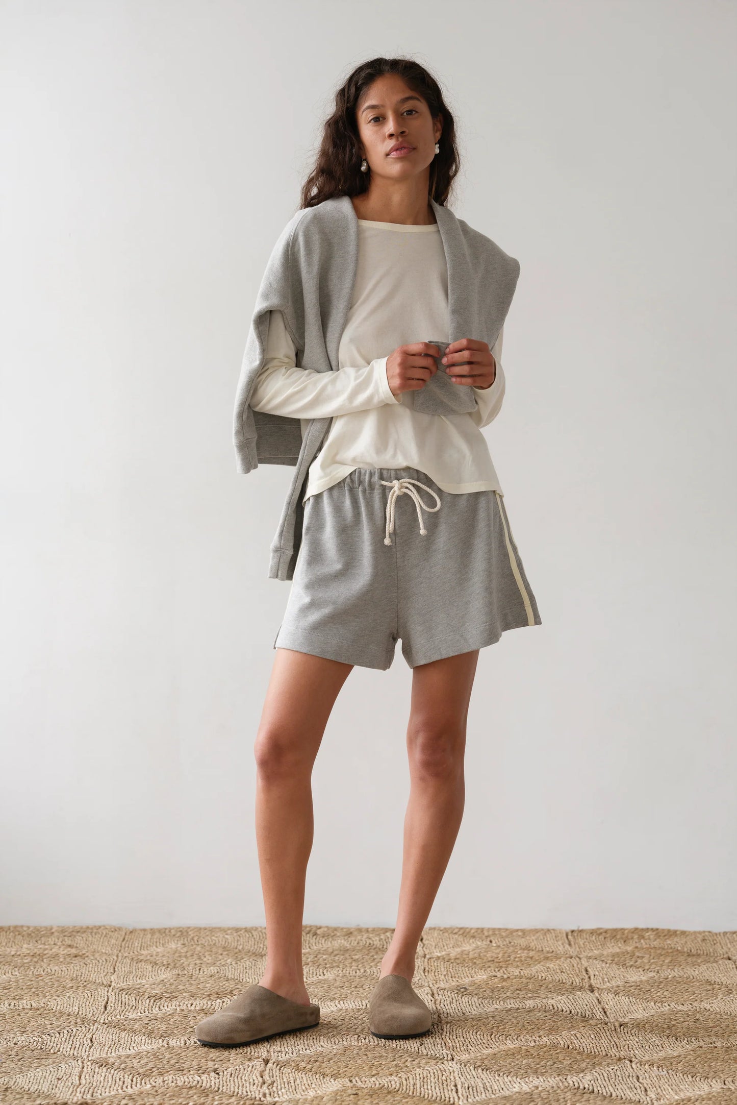 The Eco Terry Stripe Short in Heather Grey