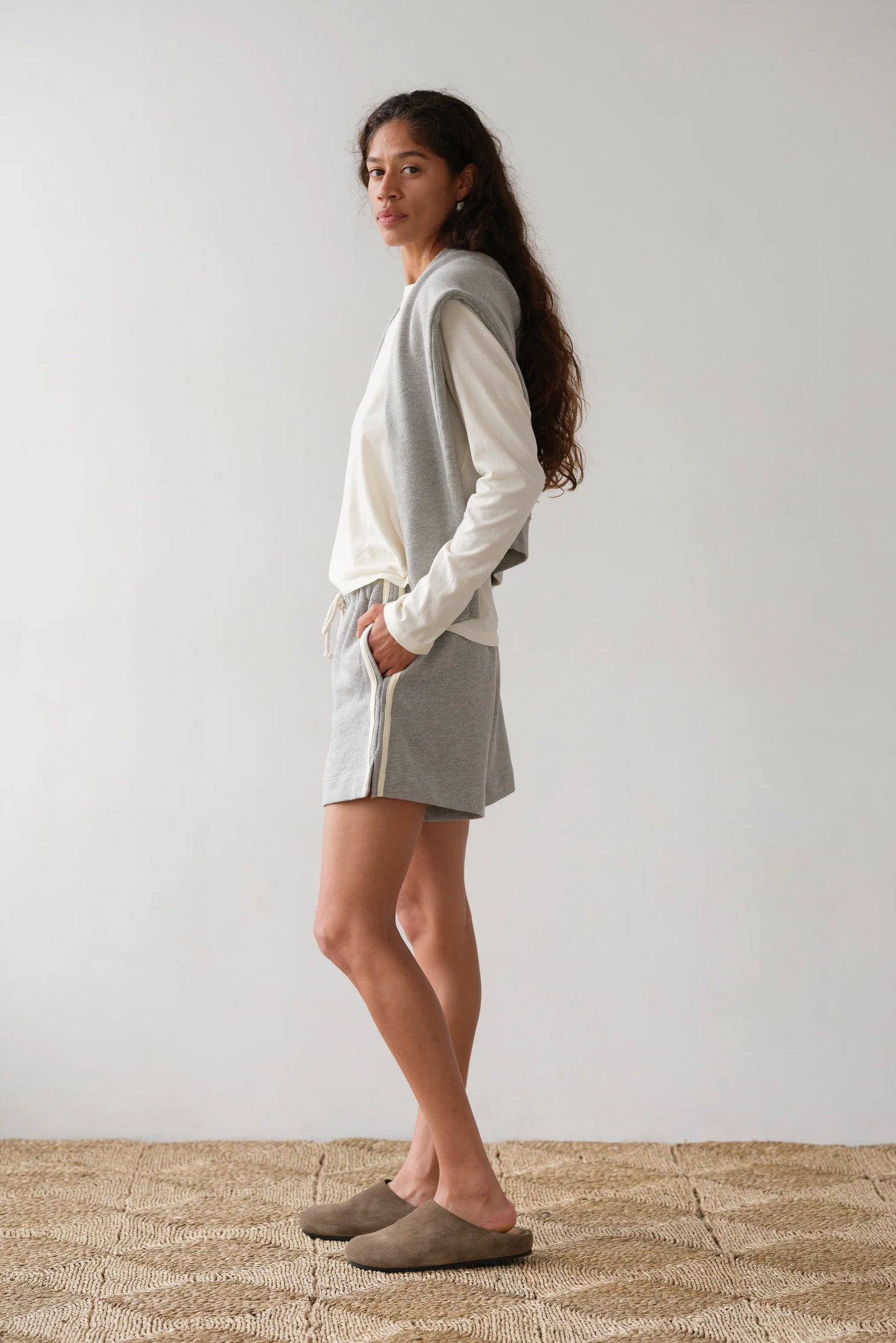 The Eco Terry Stripe Short in Heather Grey