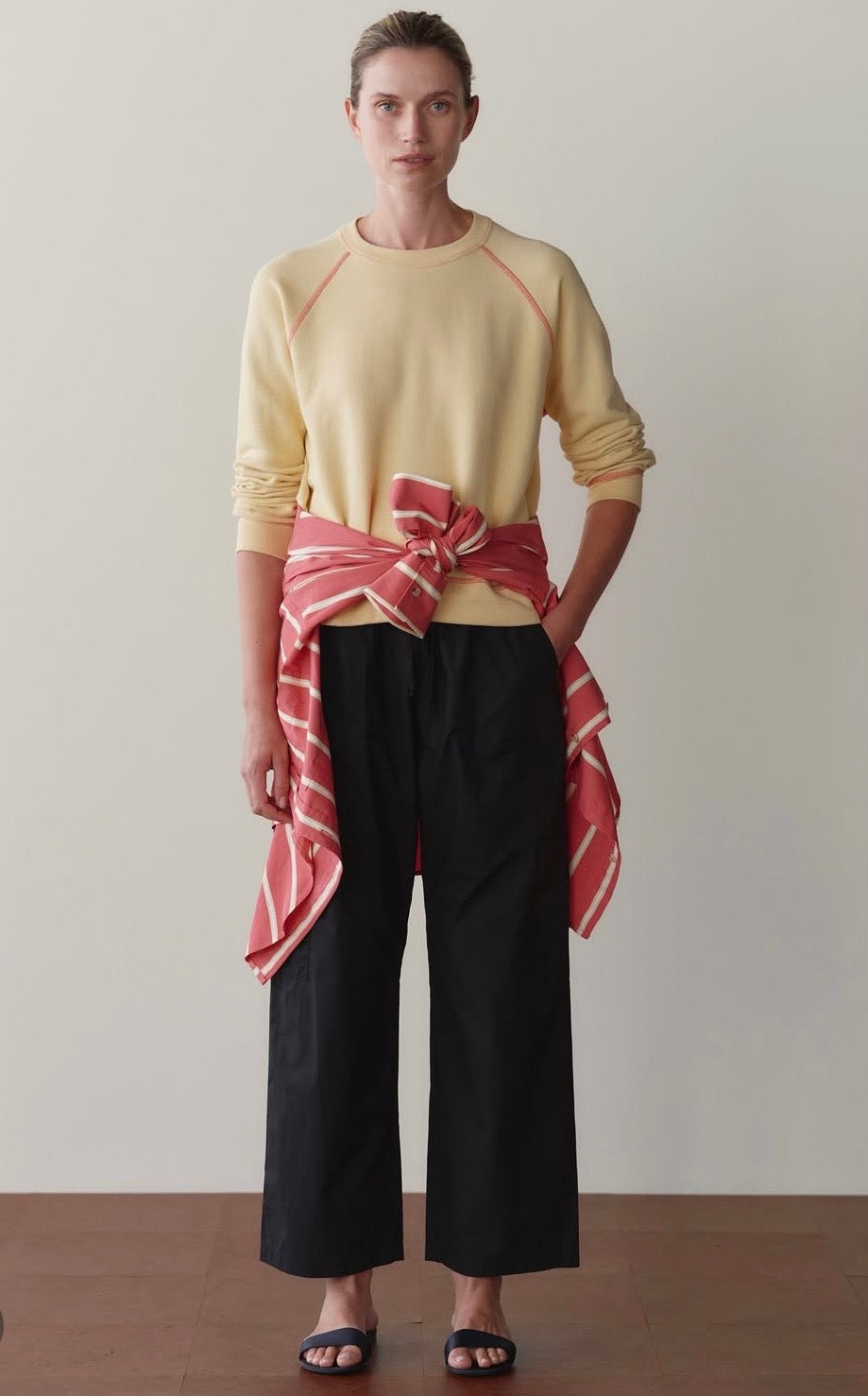 The Eco Terry Sweatshirt in Butter w/ Raspberry Stitching