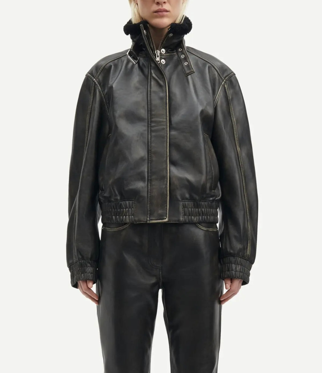 SAMSOE Leather Bomber in Washed Black Olive