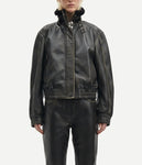 SAMSOE Leather Bomber in Washed Black Olive