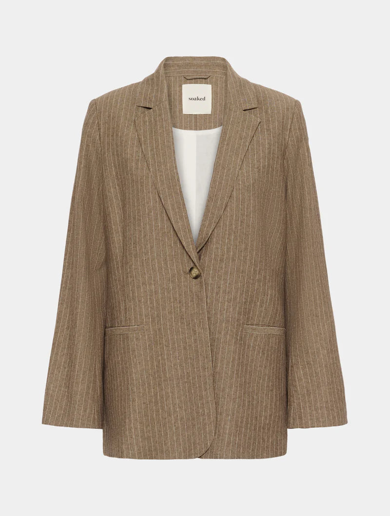 Ginevra Cotton + Linen Blazer in Cappuccino Pinstripes