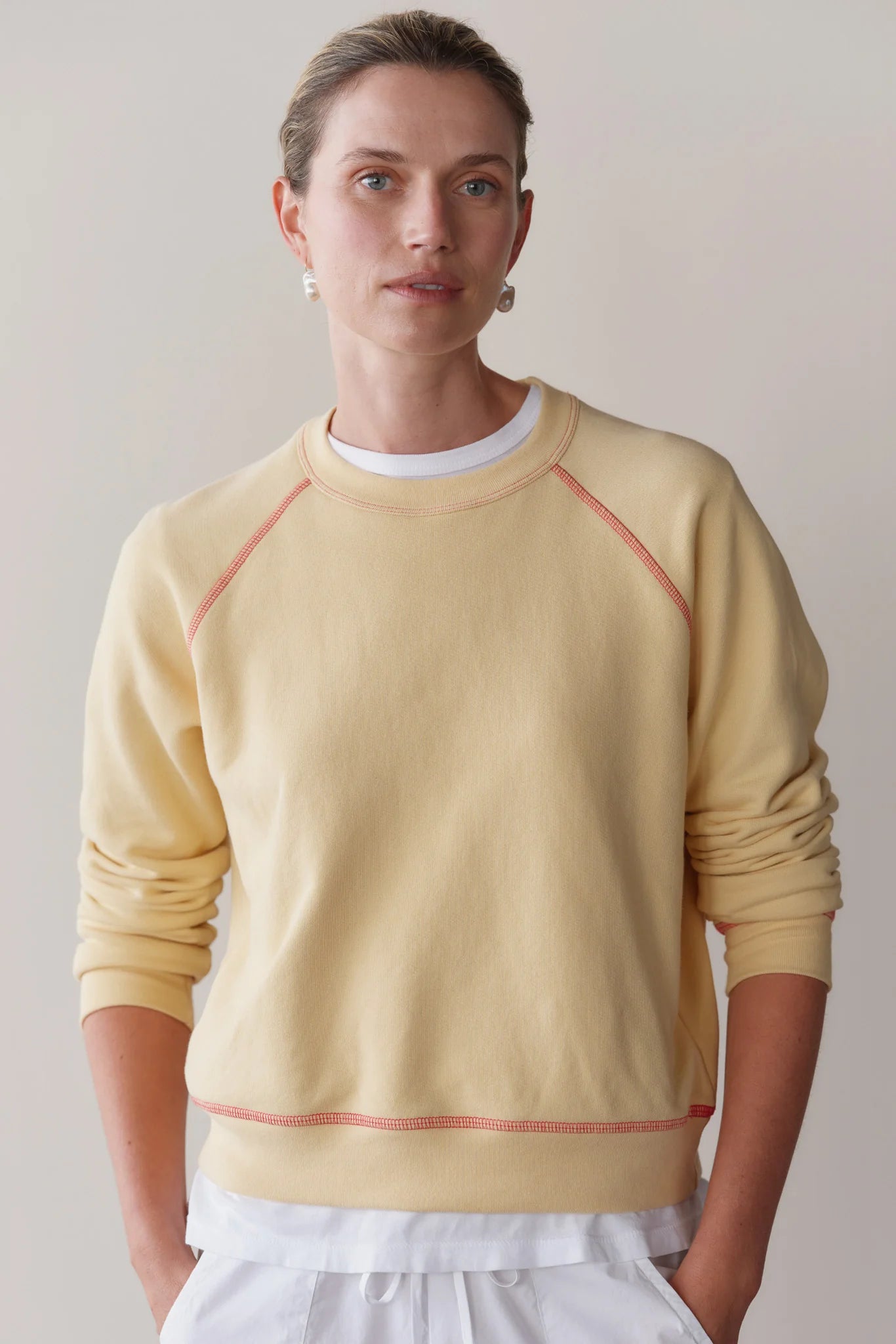 The Eco Terry Sweatshirt in Butter w/ Raspberry Stitching
