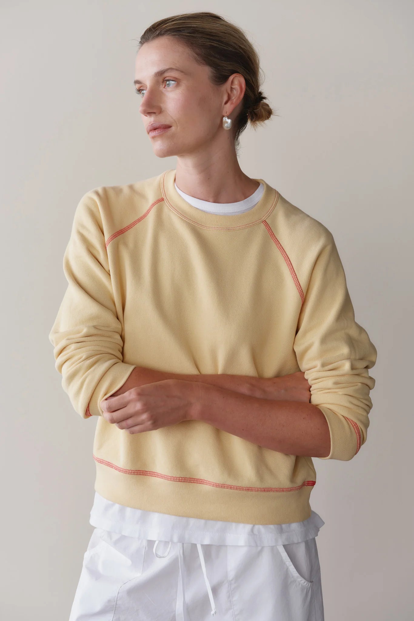 The Eco Terry Sweatshirt in Butter w/ Raspberry Stitching