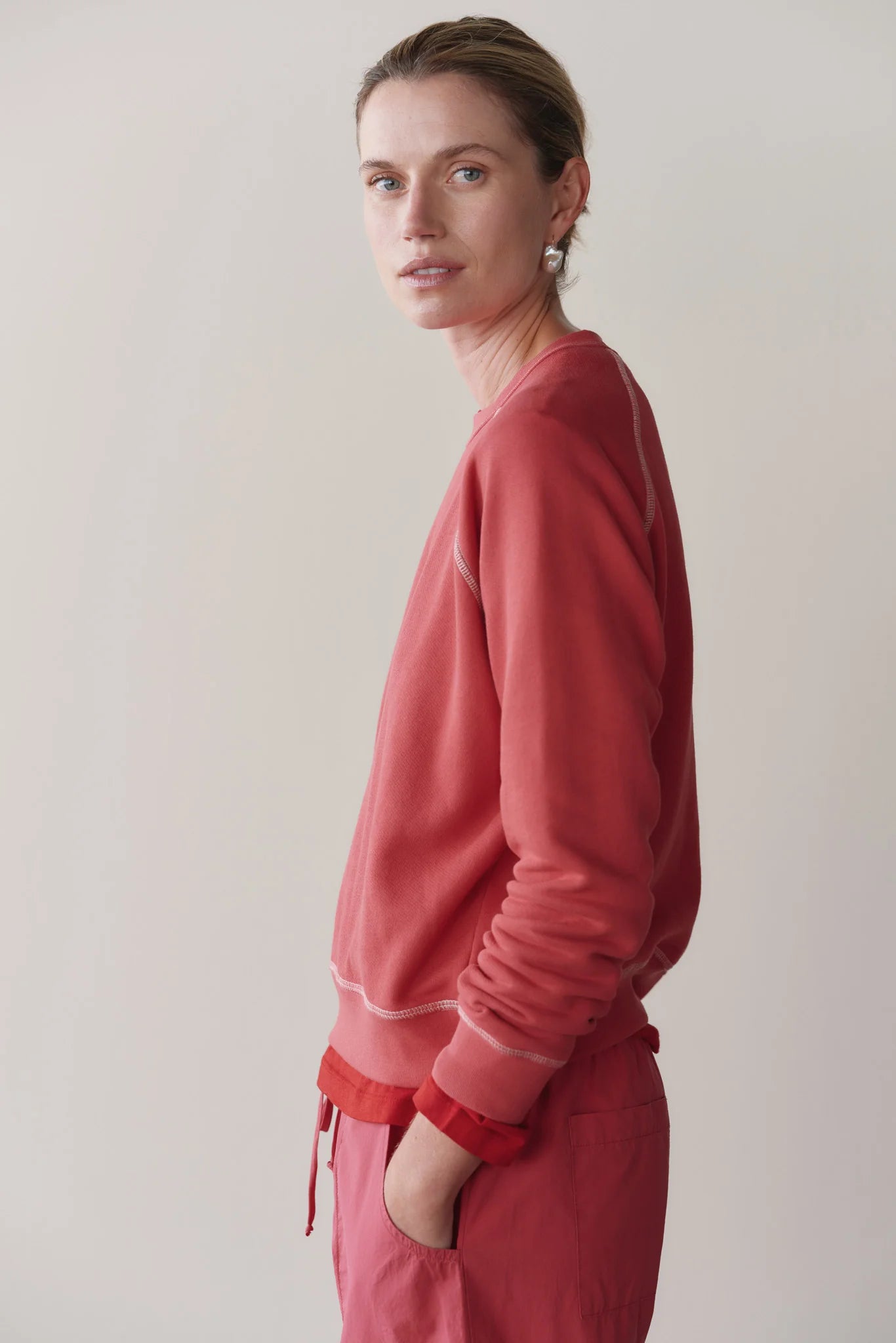 The Eco Terry Sweatshirt in Raspberry w/ Creme Stitching