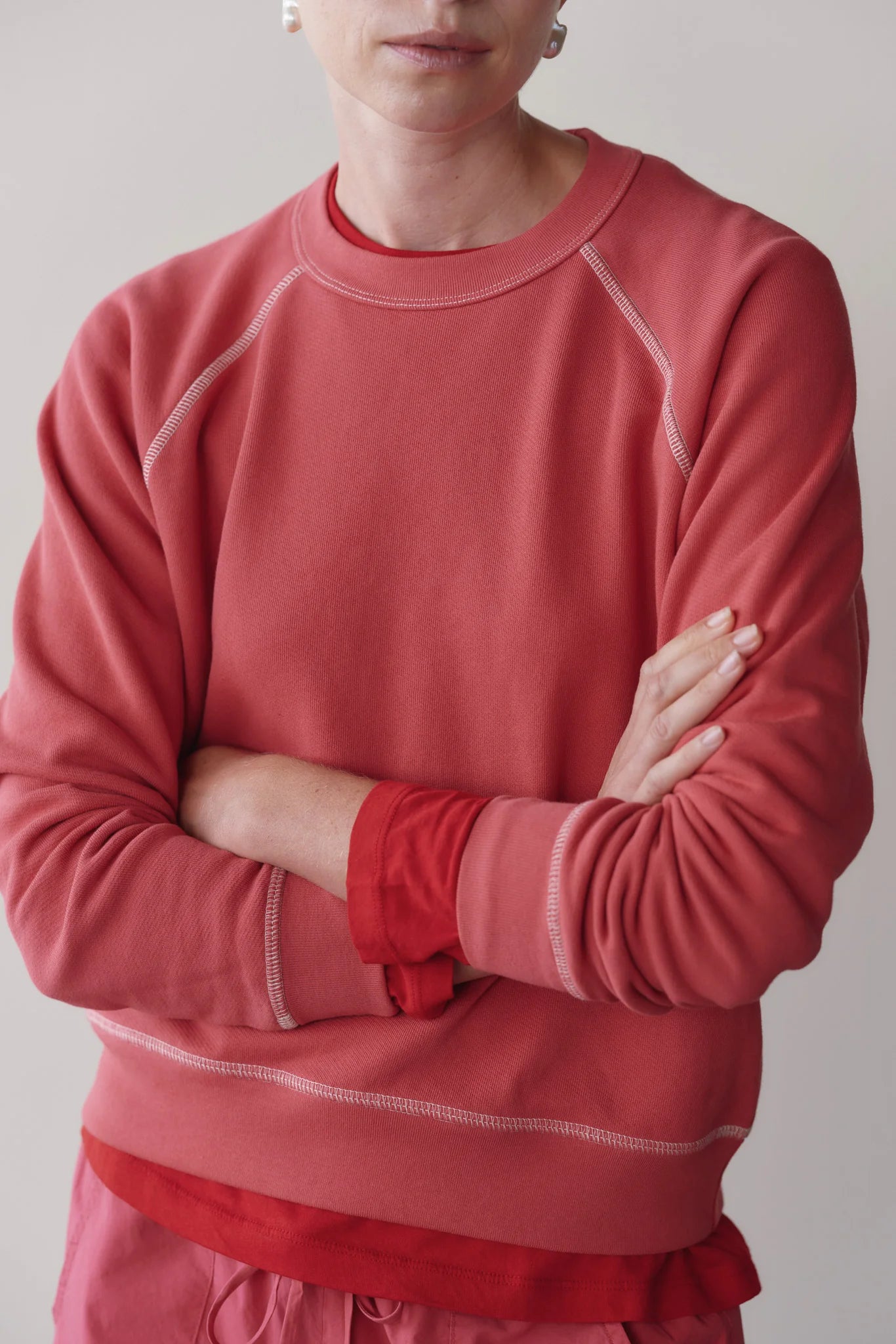 The Eco Terry Sweatshirt in Raspberry w/ Creme Stitching