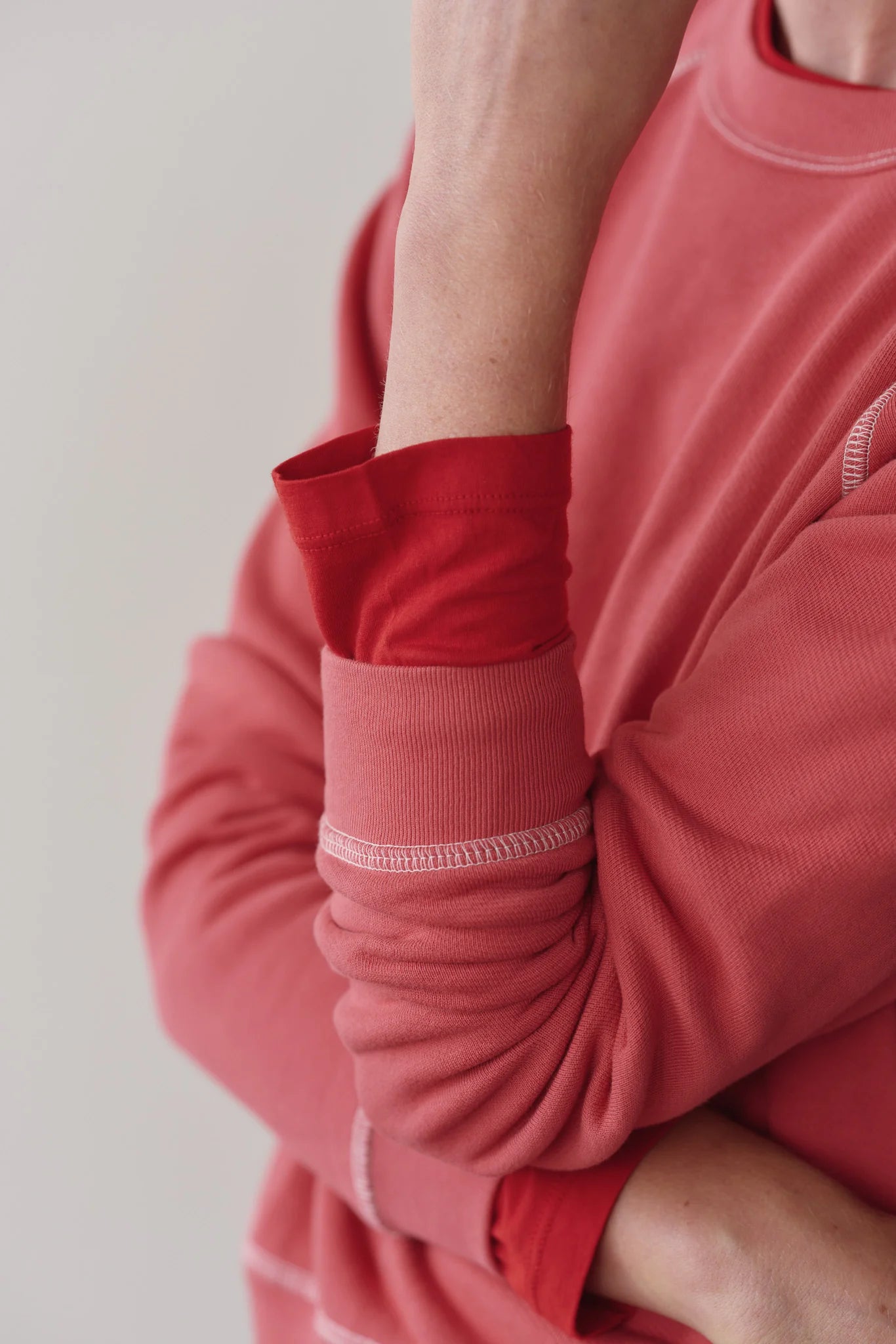 The Eco Terry Sweatshirt in Raspberry w/ Creme Stitching