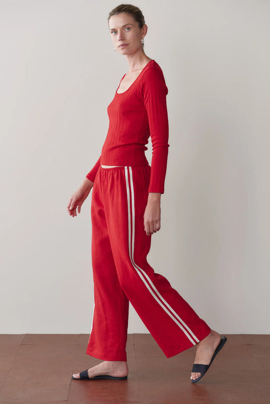 The Linen Crop Stripe Pant in Bell Pepper